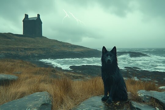 Black dog sits on rocks, stormy coastal scene, ancient tower in background