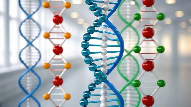 A close-up view of colorful DNA strands showcasing their double helix structure, representing genetics and molecular biology in a modern lab setting.