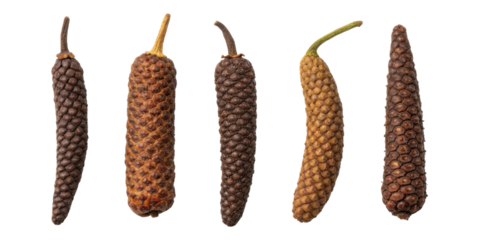 Dried peppercorn cutout isolated on transparency background showing natural texture and shape of long pepper spice in various brown shades