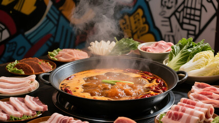 Fototapeta premium Mala hot pot and graffiti, a spicy urban fusion