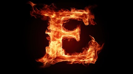 Fiery letter E, burning, dark background, alphabet design, graphic art