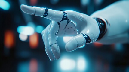 Futuristic robotic hand reaching forward, sleek design with metallic finish, highlights innovation and technology.