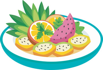 A vibrant vector art illustration of a "Pineapple Passion Platter" fruit salad, showcasing colorful tropical fruits arranged in a lively composition.