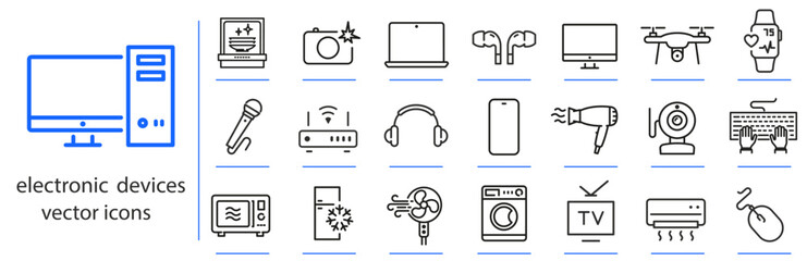 electronic equipment icons, devices set, tech gadgets simple symbols, line vector illustration, outline editable stroke