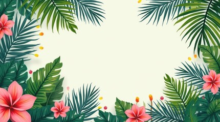 Vibrant Tropical Foliage with Exotic Flowers Framing a Blank Canvas for Design or Inspiration