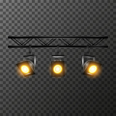 Three square spotlights with bright yellow light are suspended on a truss, on a transparent background. Stage equipment. Vector EPS10 illustration.