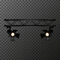 Two theater or studio spotlights on a horizontal ramp on a transparent background. Has adjustable curtains for the light stream and emits bright yellow light. EPS10 vector illustration.