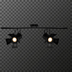 Two theater or studio spotlights on a horizontal bar on a transparent background. Has adjustable curtains for the light flow and emits a bright yellow light. EPS10 vector illustration.