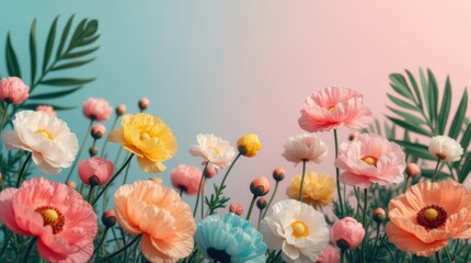 Obraz premium A Breathtaking Display of Colorful Flowers Under Soft Pastel Skies in a Magical Floral Wonderland