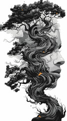 Grunge illustration of a woman with a strange hairstyle.