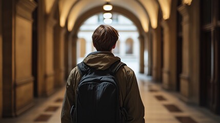 Naklejka premium Student walking a university hallway