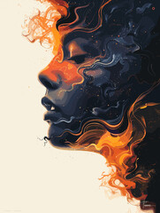 Woman's face is shown with a lot of detail, including her hair. The hair is orange and black, and it is flowing in the wind. Scene is one of freedom and movement
