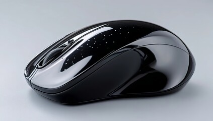 Black mouse, glossy black plastic shell with subtle curves and futuristic design elements, a simple