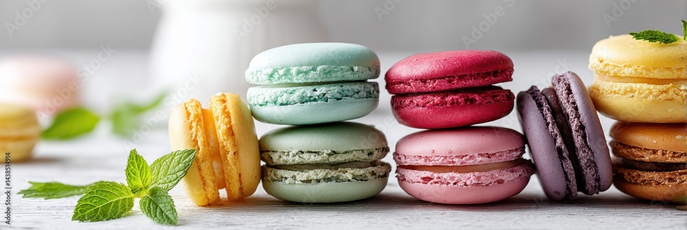Aufkleber colorful macarons arranged elegantly with fresh mint leaf on a white surface in a bright setting