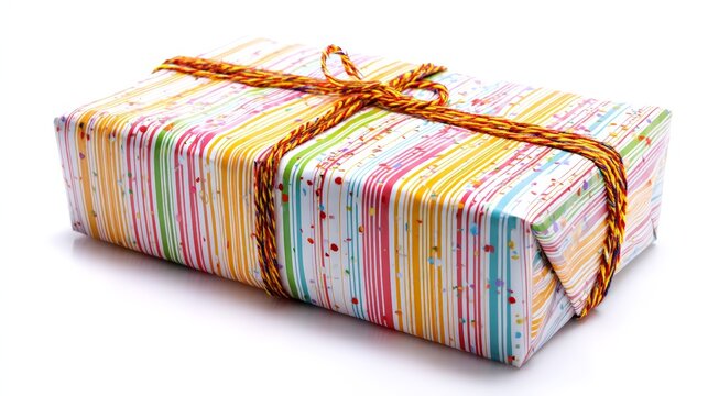 Colorful striped gift box with orange and red string tie