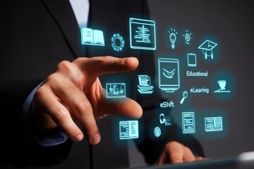 Digital education interface.  A hand interacts with glowing educational icons