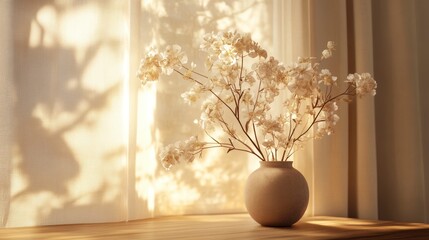 Dried flowers in a beige vase on a wooden surface, backlit by sunlight filtering through a sheer curtain.