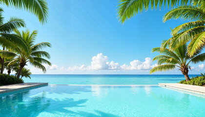 Tropical pool overlooking ocean under clear blue sky  