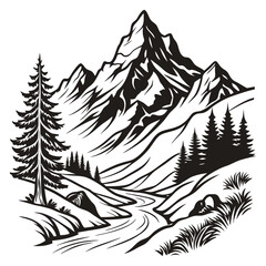 Fototapeta premium Black and White Mountain Landscape with River and Pine Trees - Nature Illustration