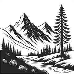 Black and White Mountain Landscape with River and Pine Trees - Nature Illustration