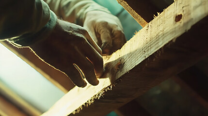 Hands Working on Wooden Beams