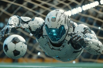 Humanoid robot playing soccer on stadium field with ball in motion