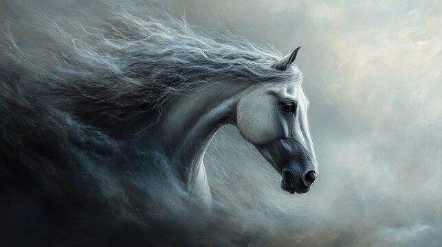 A close-up of a horse is face with its mane blowing in the wind