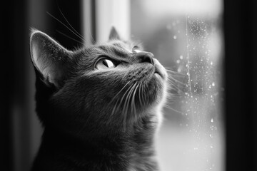 Black and white photo of cat looking out rainy window