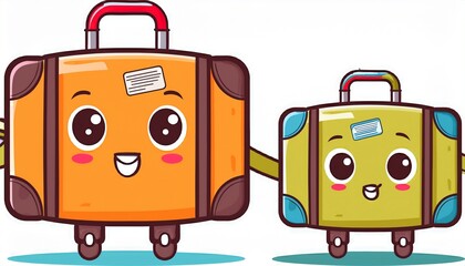 Fototapeta premium big and small suitcases funny pair of closed cases with travel stickers and wheels handles luggage baggage mascot two suitcases ready to vacation cartoon illustration