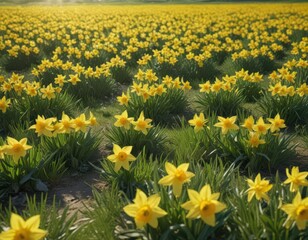 Fototapeta premium Lush green field bursting with bright yellow daffodils, sunny spring day, sunny, flowers, March