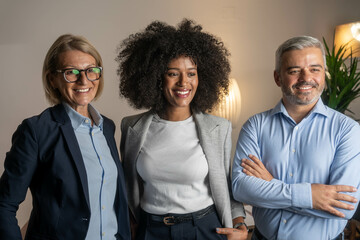 Three busy happy middle aged professional business man and two women executive leaders team using...