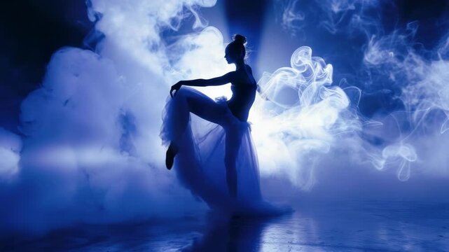 Ballerina silhouette in blue smoke