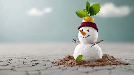 Snowman sprouts plant in cracked earth, hope's symbol, sky background