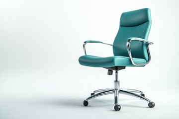 Fototapeta premium Modern teal leather office chair with chrome accents on wheels, isolated on white background.