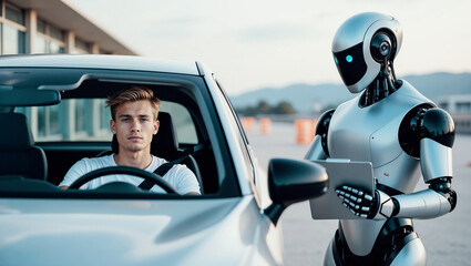 A humanoid robot instructor at a driving school communicates with a young man in a parked car. Driving test under the guidance of an impartial robot.