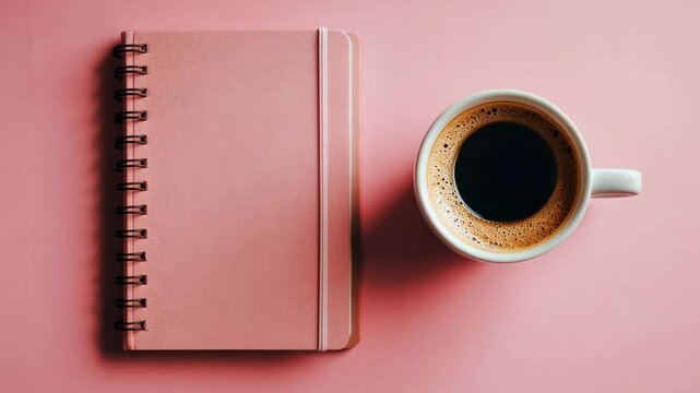 Rotating pink notebook and coffee cup on pastel surface  minimalist morning routine