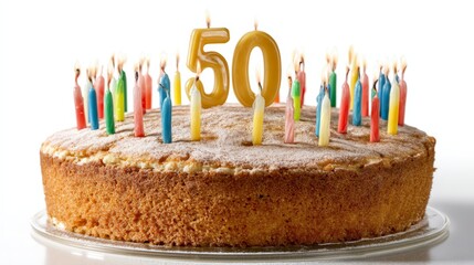 Golden anniversary cake with colorful candles celebrating milestone birthday
