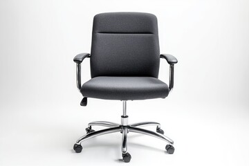 Fototapeta premium A contemporary gray office chair with chrome base and armrests, isolated on white background.