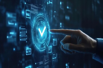 Digital verification interface.  A hand points to a glowing check mark on a screen overlaid with data