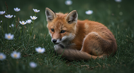 Tiny Fox Curled Up Under Stellaria Blooms