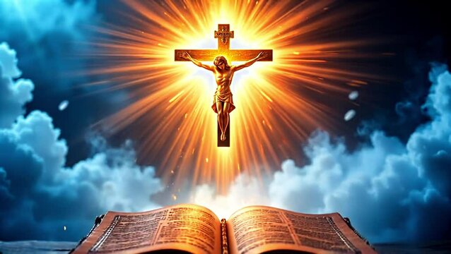Glowing Cross with Holy Bible &ndash; Transparent Spiritual Visual	Glorious 3D rendering of a glowing cross above an open Bible, with beams of divine light, ideal for overlays, Easter materials, and faith 