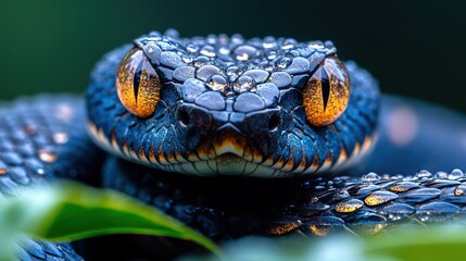 Fototapeta premium A close-up of a snake is scales with glistening dew drops in the morning