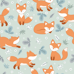 Seamless pattern with a little fox, flowers and leaves.