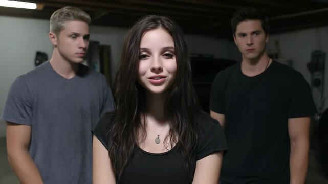 Three young adult friends, two men and one woman, standing indoors in an informal setting looking at the camera