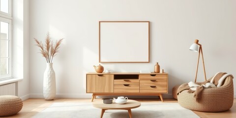 Modern minimalist living room interior design with light wood furniture and a large blank frame
