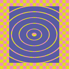 Vibrant abstract optical illusion with concentric circles on bold checkered background in retro pop colors