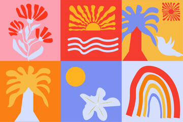 Hand drawn Matisse ocean design. Modern elements in trendy minimalist style. Abstract tropical plants sun rainbow collage in colorful vibrant illustration