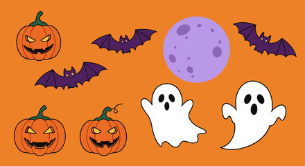 Minimalist Halloween pack with pumpkins bats ghosts and moon