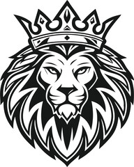 Obraz premium Majestic lion head with crown vector art in black and white, regal and powerful mascot logo 