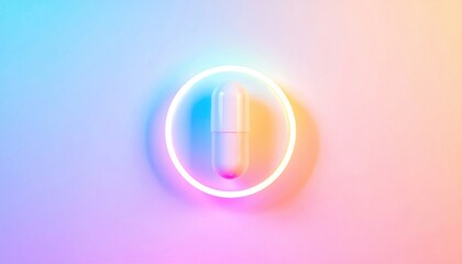 Illuminated pill in circular glow abstract setting digital art colorful environment modern viewpoint health concept